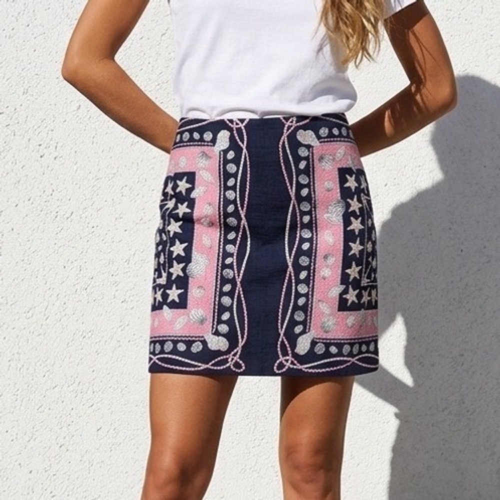 Talbots Petites Navy Pink Nautical Seashell Starfish Mini Skirt Coastal Beach 12